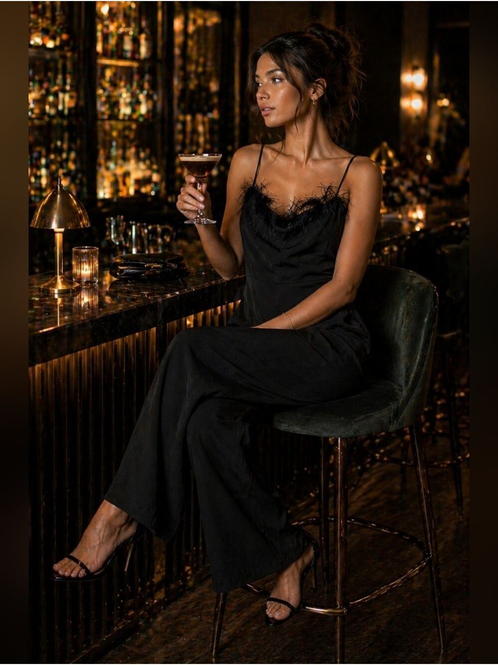 Sam Edelman Feather Trim Wide Leg Jumpsuit Black Cocktail Gala 10 - Picture 7 of 11